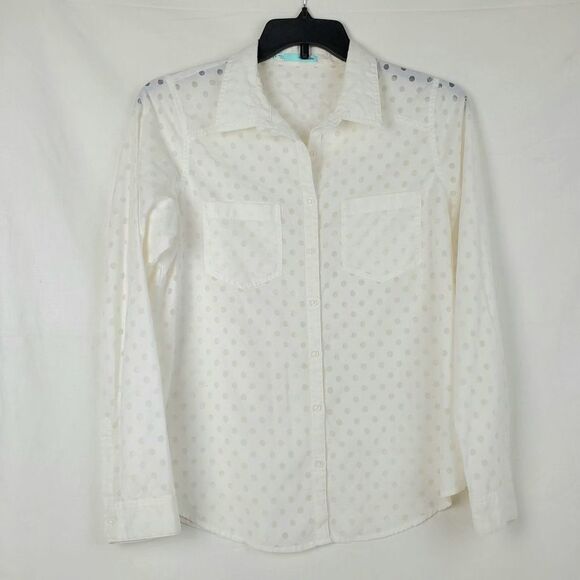 Maurices SMALL White Sheer Polka-dot LS Button Front Shirt - Picture 1 of 4